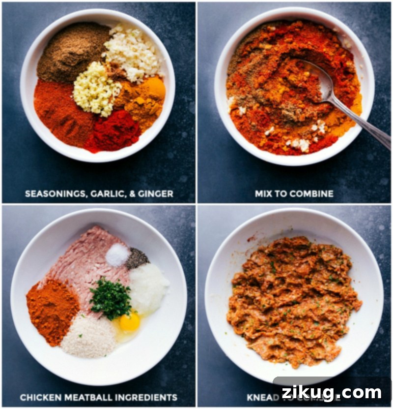 Mixing Seasonings and Meatball Ingredients Combining seasoning ingredients and adding them to the mixture, then kneading to ensure everything is thoroughly mixed.