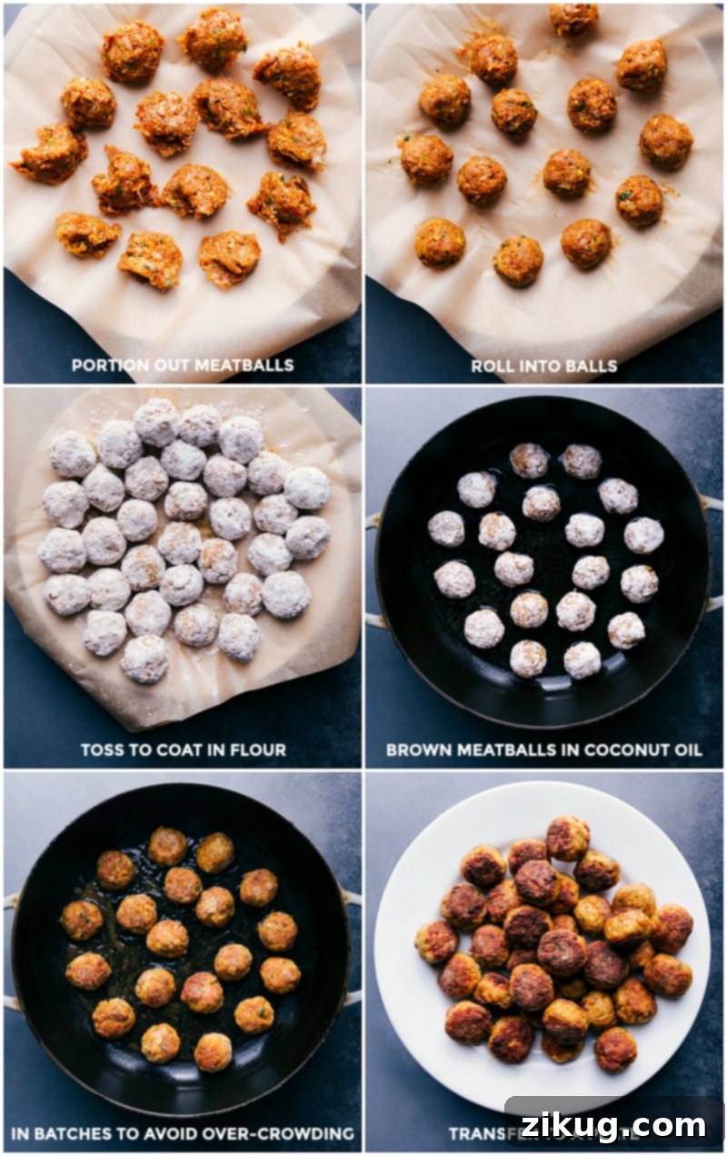 Preparing and Browning Butter Chicken Meatballs Portioning out meat mixture, rolling into uniform balls, tossing each in flour to coat evenly, browning in a skillet to a golden finish, and transferring to a plate.