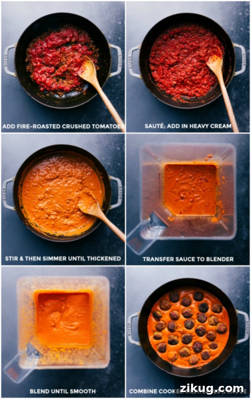 Combining Sauce with Chicken Meatballs Adding crushed tomatoes to the sauce, then cream, stirring and simmering; processing the sauce in a blender, and combining with cooked garlic butter chicken meatballs.