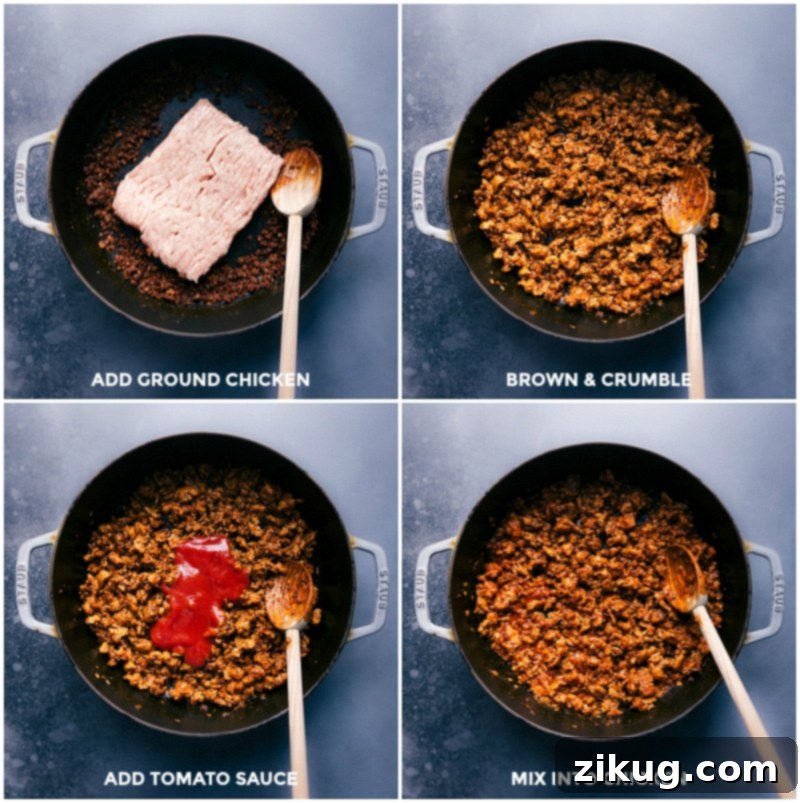Add the ground chicken to the pan; brown and crumble; stir in tomato sauce.