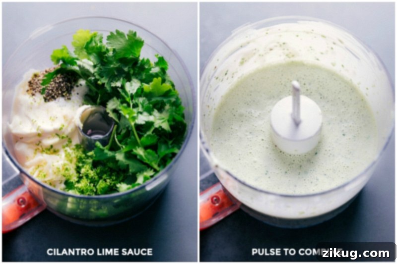Cilantro lime sauce being prepared for the chicken tacos baked, featuring fresh cilantro, lime juice, and other seasonings blended to a smooth consistency.