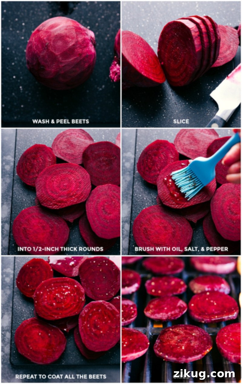 Sequential images demonstrating the preparation and grilling of fresh beets, showcasing trimming, peeling, slicing, seasoning, and grilling steps.