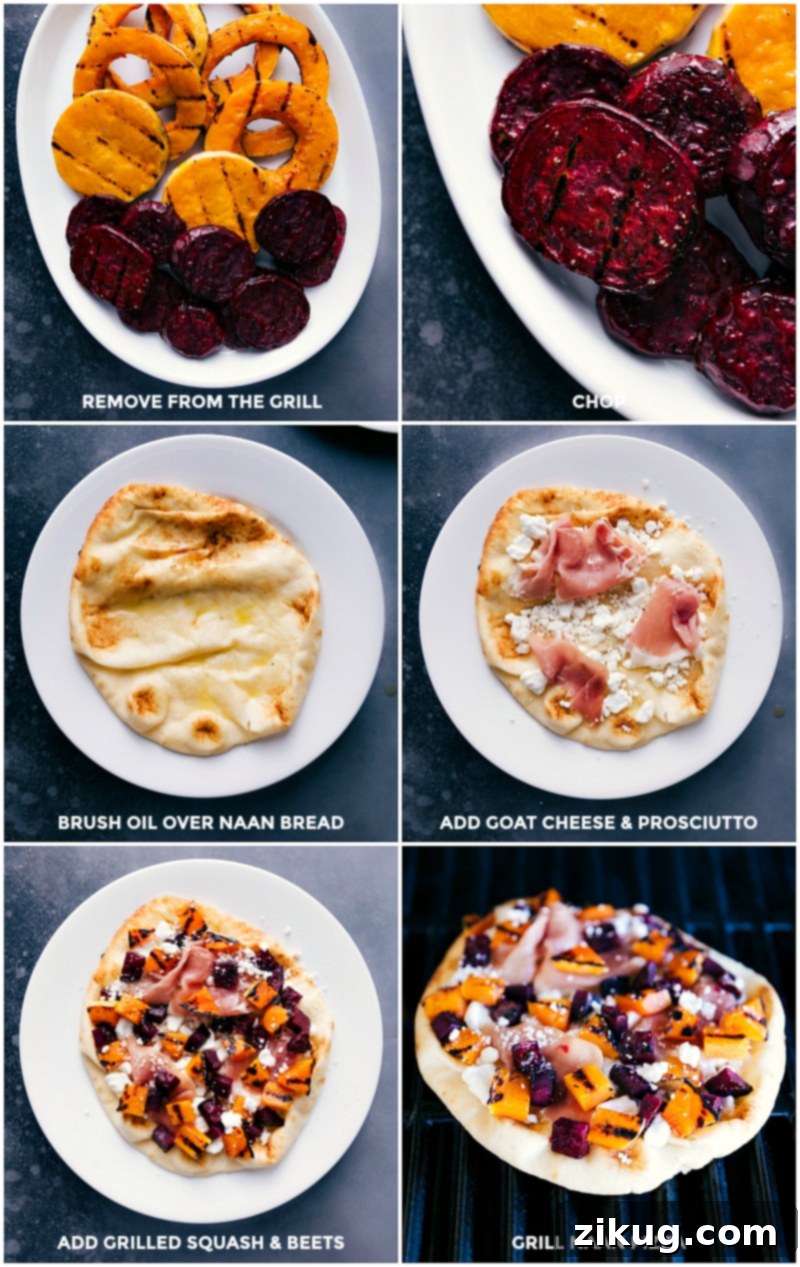 Detailed process shots showing the assembly of the beet and goat cheese flatbread: adding grilled veggies, creamy goat cheese, savory prosciutto, and then grilling the assembled flatbread until golden.