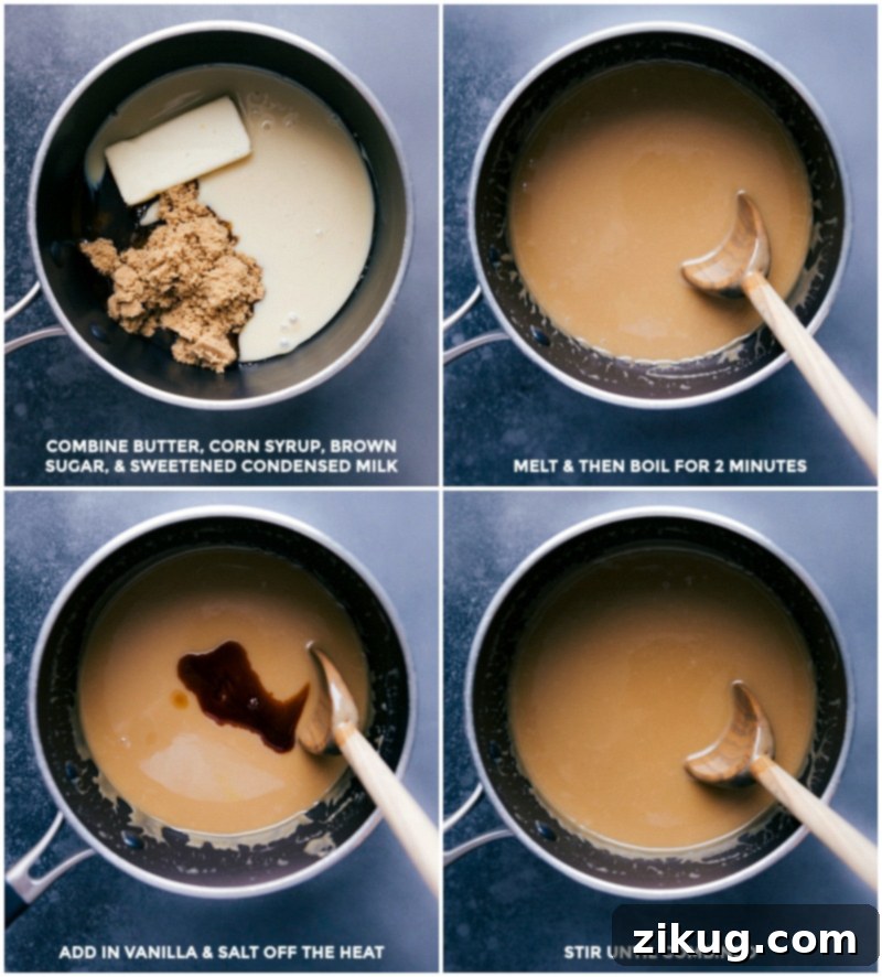 Caramel Sauce Combine ingredients in a saucepan; melt and boil for 2 minutes; add in vanilla and salt; stir to combine.