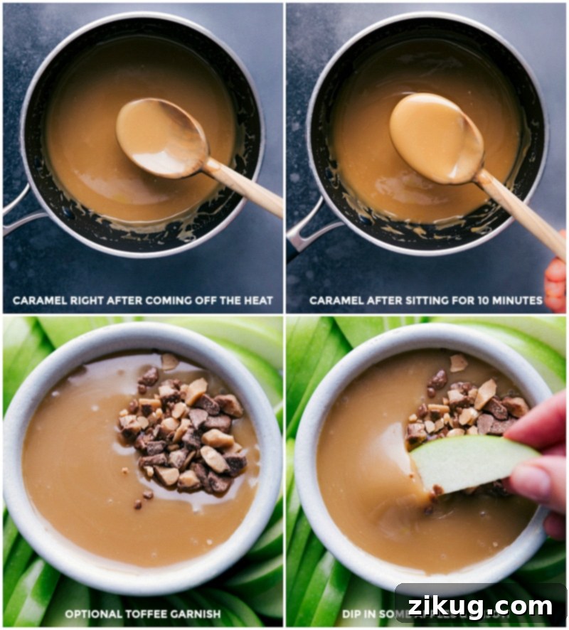 Caramel Sauce with Toffee Garnish and Apples The recipe for caramel sauce freshly cooked and after 10 minutes of cooling, served with optional toffee garnish; apples being dipped into the creamy, smooth, and delicious sauce.
