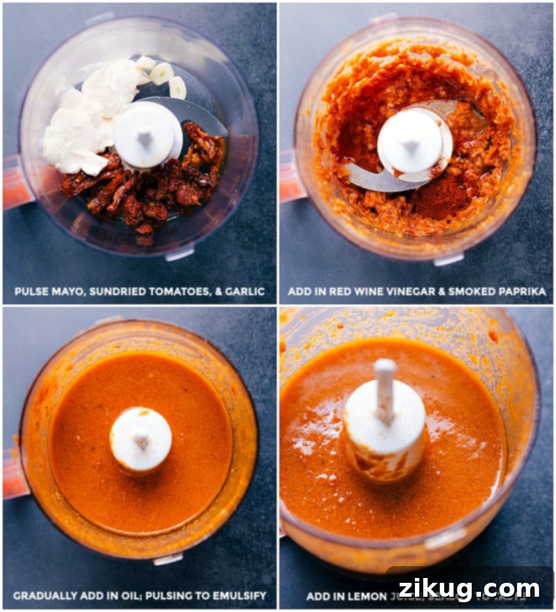 Sun-dried tomato sauce being made in a food processor.