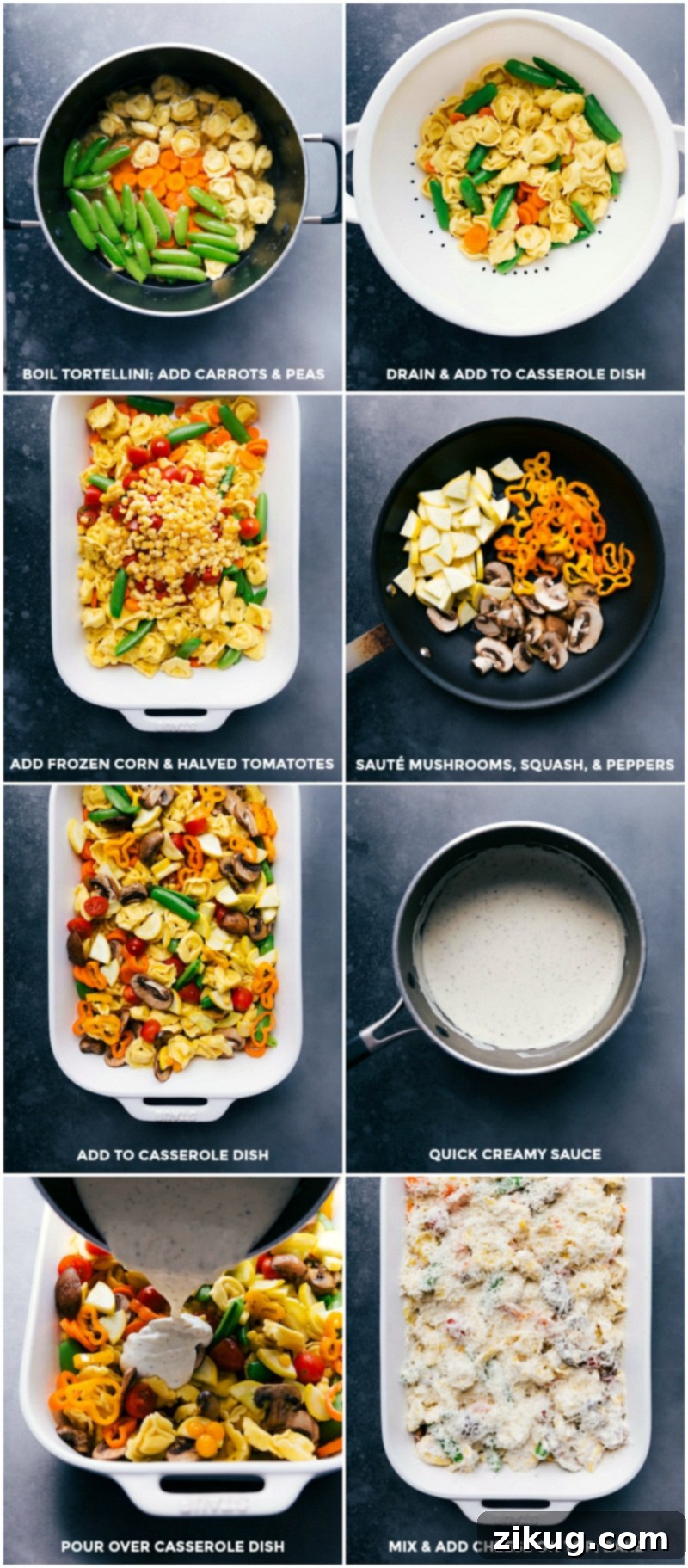 Tortellini Casserole Preparation: Cooking, Assembling, and Saucing Step-by-step preparation of the tortellini casserole: cooking tortellini and vegetables, layering them in a casserole dish, and pouring a creamy sauce over them.