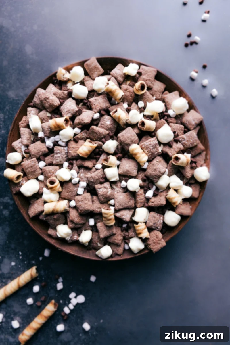 Image of a bowl full of Hot Chocolate Snack Mix, showcasing chocolate cereal, white chocolate marshmallows, and chocolate chips.