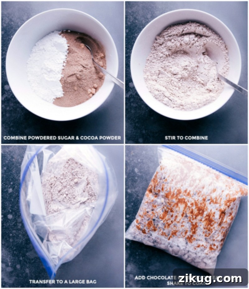 Process shots: combining powdered sugar and hot chocolate mix, stirring, transferring to a large plastic bag, then adding cereal and shaking to coat.