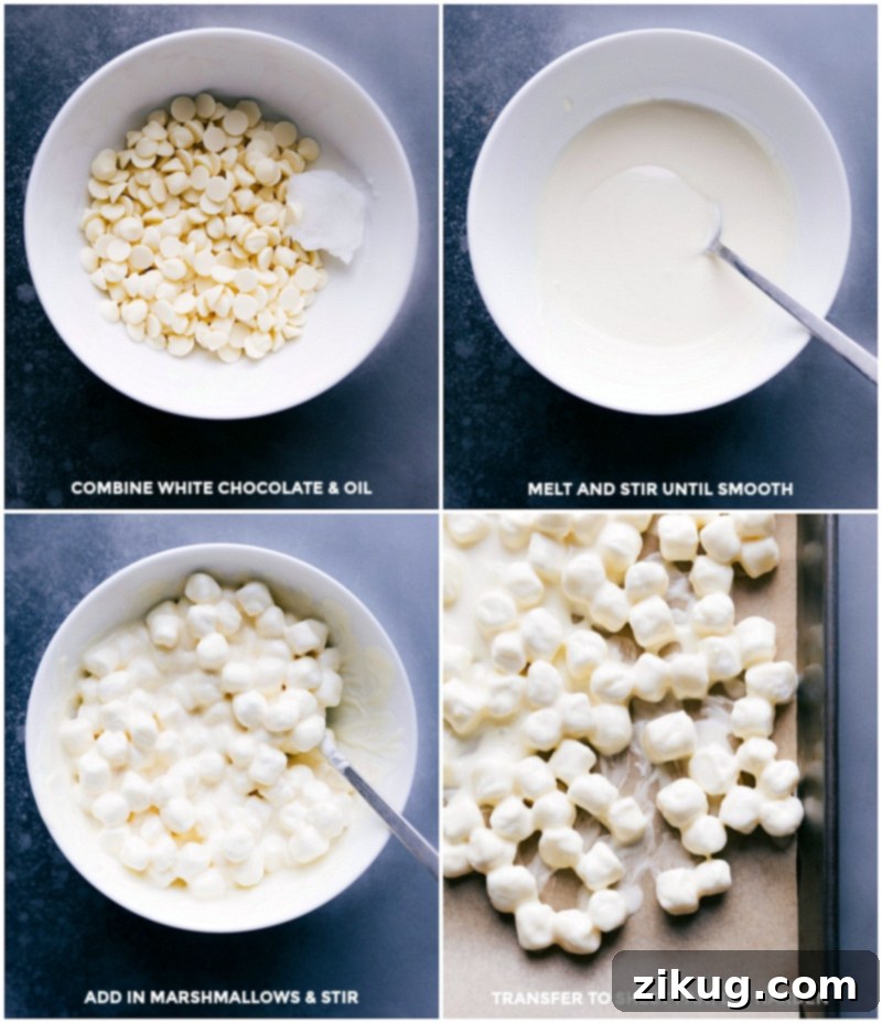 Process shots: combining white chocolate and coconut oil, melting until smooth, adding marshmallows and mixing, then transferring to a sheet pan to harden.