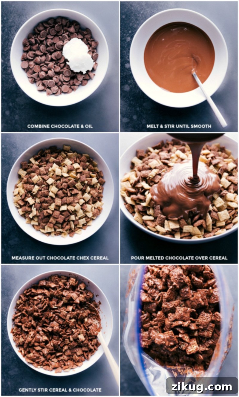 Process shots: melting chocolate and coconut oil, pouring over cereal, mixing gently, and then adding to a plastic bag with hot cocoa mix and powdered sugar for coating.
