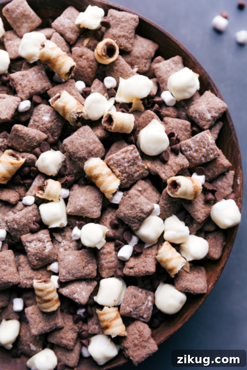 A beautiful view of the finished Hot Chocolate Snack Mix in a serving bowl, ready to be enjoyed.