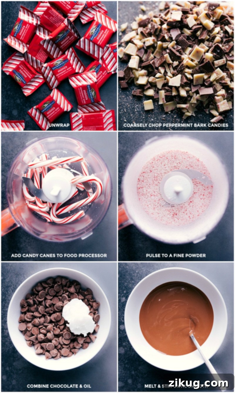 Ingredient Preparation for Peppermint Bark Muddy Buddies Preparing Peppermint Bark Muddy Buddies ingredients: unwrapped and coarsely chopped peppermint bark candies, unwrapped candy canes in a food processor pulsed to a fine powder, and melted chocolate combined with coconut oil until smooth.