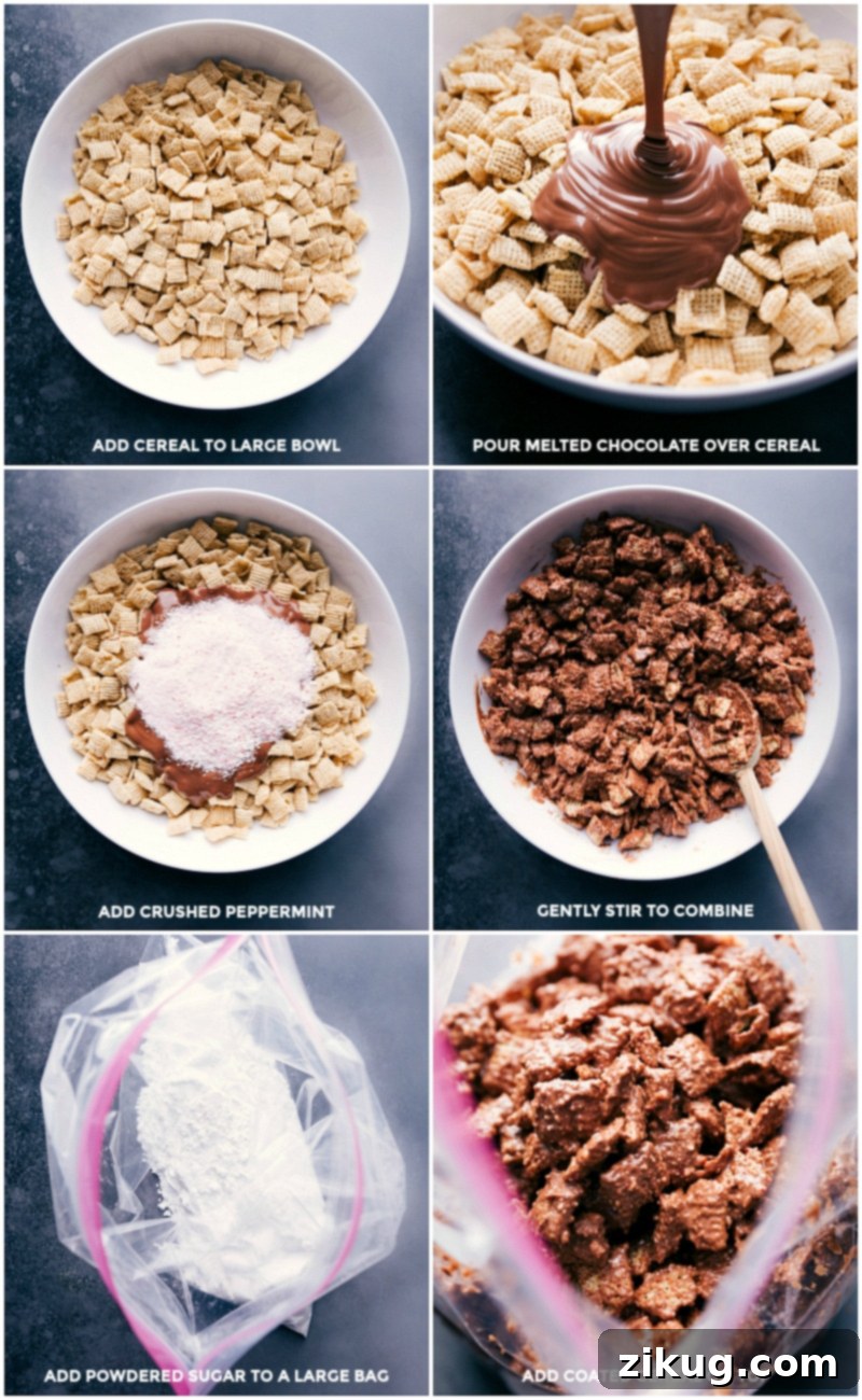 Coating Cereal with Chocolate and Sugar for Muddy Buddies Chex cereal in a large bowl with melted chocolate being poured over it, gently stirred to combine; powdered sugar in a large plastic bag, ready to coat the chocolate-coated cereal mixture.