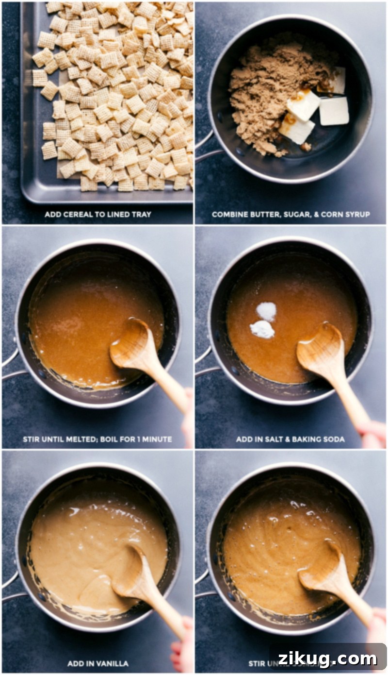 Detailed process shots demonstrating how to prepare the Sugar Cookie Snack Mix: cereal is spread on a baking sheet, followed by the careful combination and boiling of butter, sugar, and corn syrup to create the sweet coating, with salt, baking soda, and vanilla added for flavor.