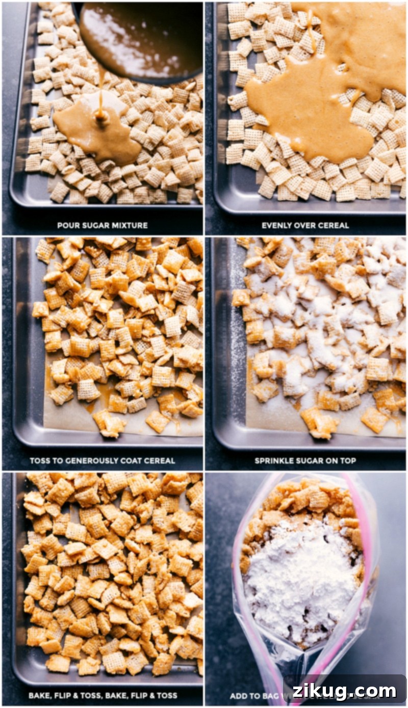 Sequential process images of creating Sugar Cookie Snack Mix: pouring syrup over cereal, tossing to coat, sprinkling with granulated sugar, baking and tossing, then adding the cooled mixture to a bag with powdered sugar for coating.