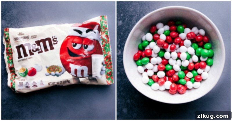 Close-up images showcasing the festive Sugar Cookie M&M's used in this holiday snack mix recipe.