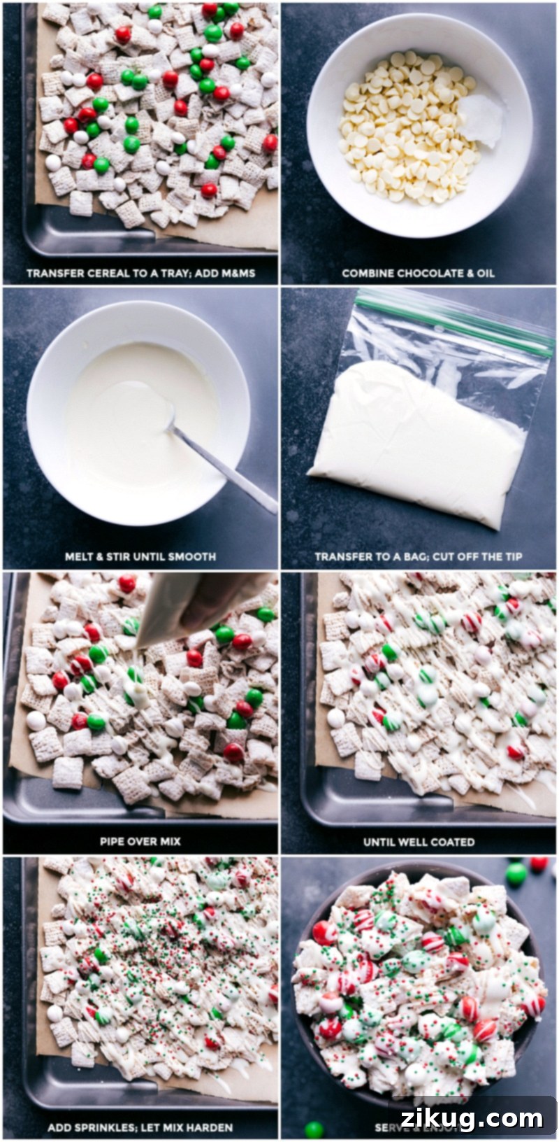 Final process shots showing the Sugar Cookie Snack Mix assembly: transferring coated cereal to a tray, adding candies, melting and piping white chocolate, adding sprinkles, and letting it harden before serving.