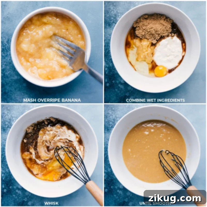 Process shots showing a ripe banana being mashed in a bowl and wet ingredients like Greek yogurt, egg, and coconut oil being whisked together in another bowl.
