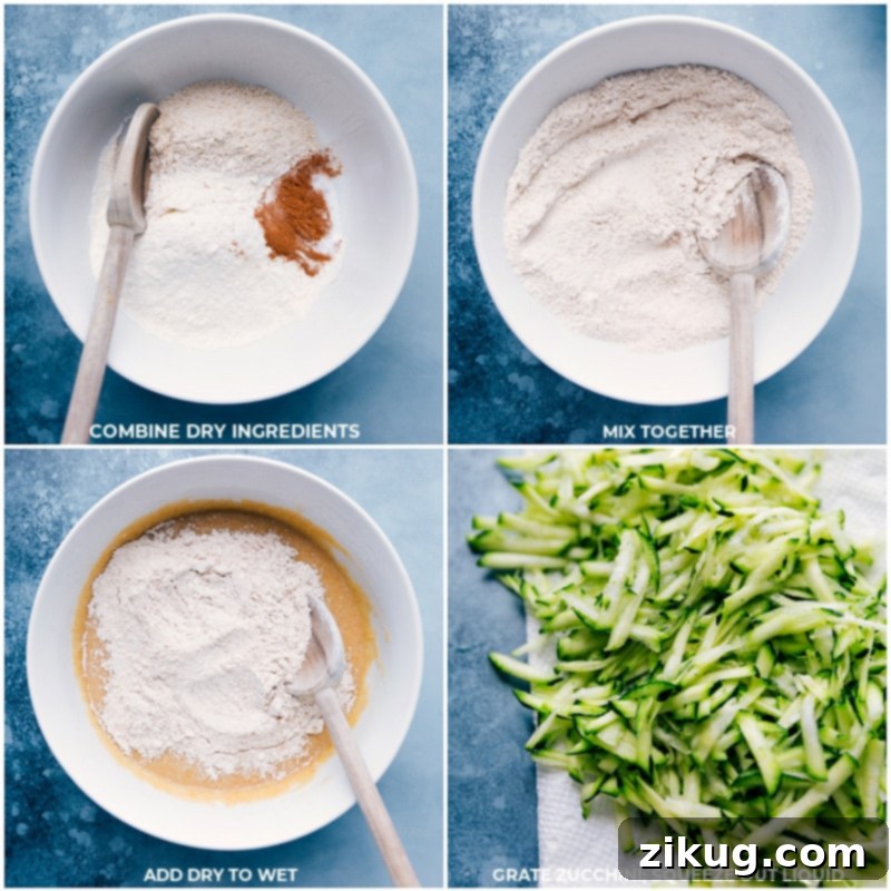 Process shots illustrating the preparation of dry ingredients in one bowl and the grating of zucchini in another, ready to be combined.