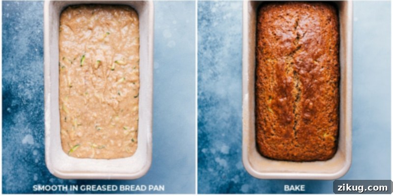 Process shot showing the zucchini bread batter being poured into a prepared loaf pan, ready for baking.