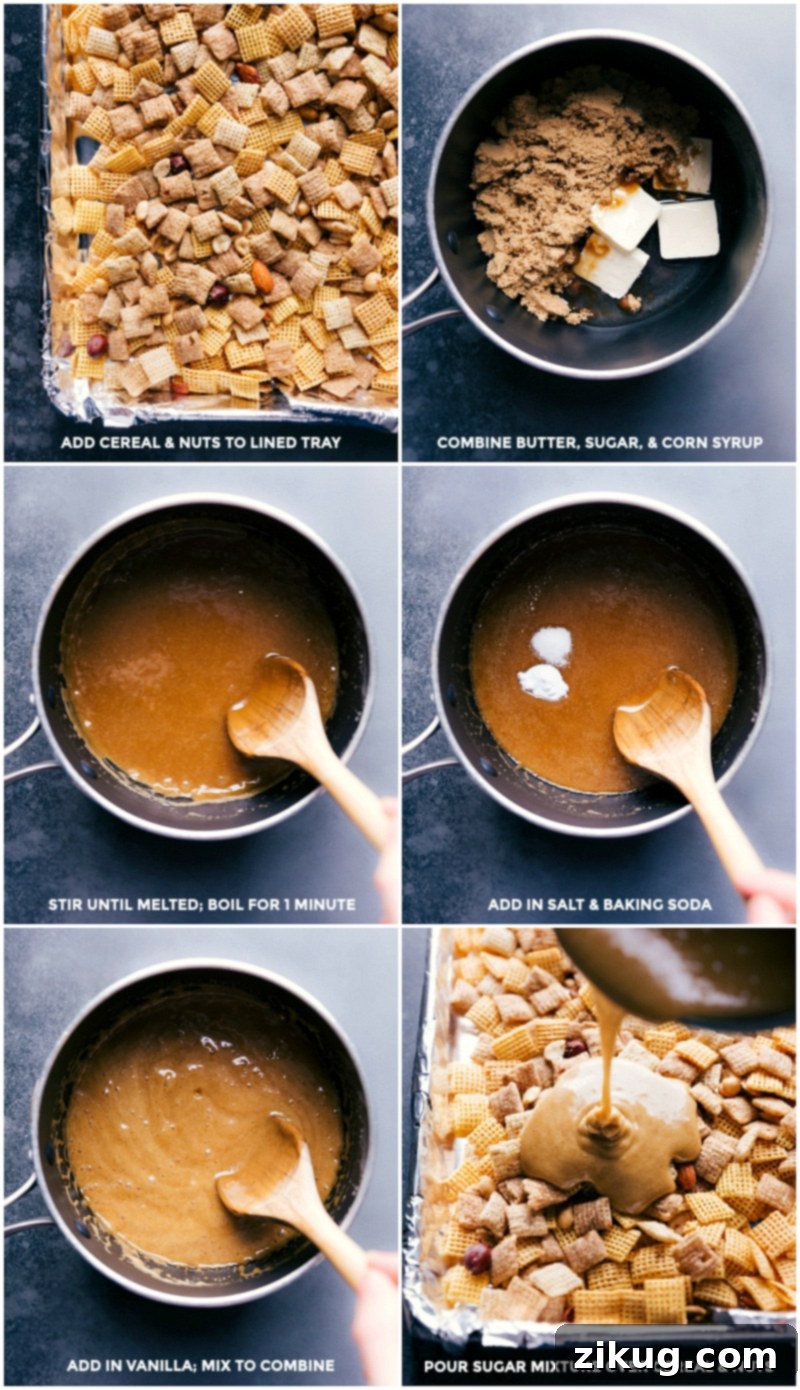 Step-by-step preparation of Pumpkin Spice Snack Mix showing coating cereals and nuts with a delicious caramel sugar mixture. Process shots showing the creation of Pumpkin Spice Snack Mix: cereals and nuts on a baking tray, melted butter, sugar, and corn syrup mixture in a pot, then poured over the dry ingredients and stirred.