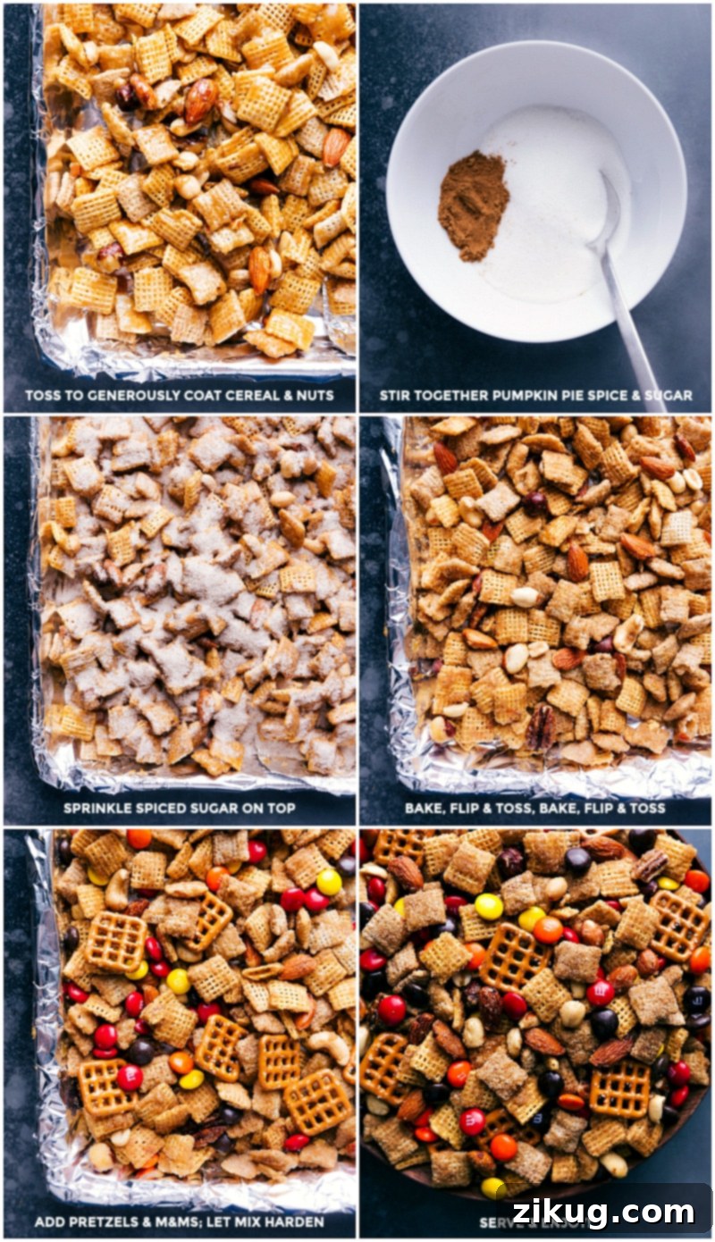 Final steps of Pumpkin Spice Snack Mix, adding pretzels and M&M's, then cooling for a perfect festive treat. Process shots of Pumpkin Spice Snack Mix: tossing coated cereal with spice blend, baking in the oven, removing to add pretzels and M&M's, and the final hardened snack mix.