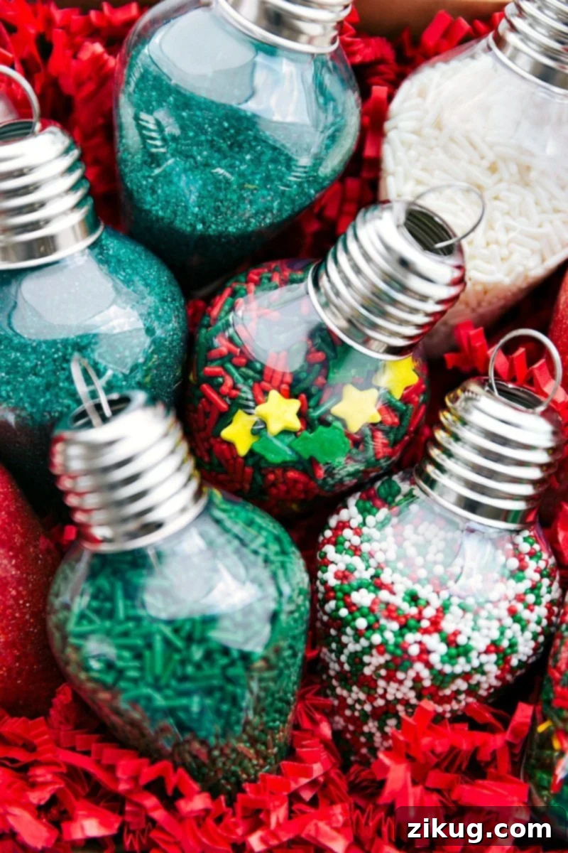 Close-up view of cookie sprinkles beautifully poured into mini ornaments, ready for a Christmas cookie kit.