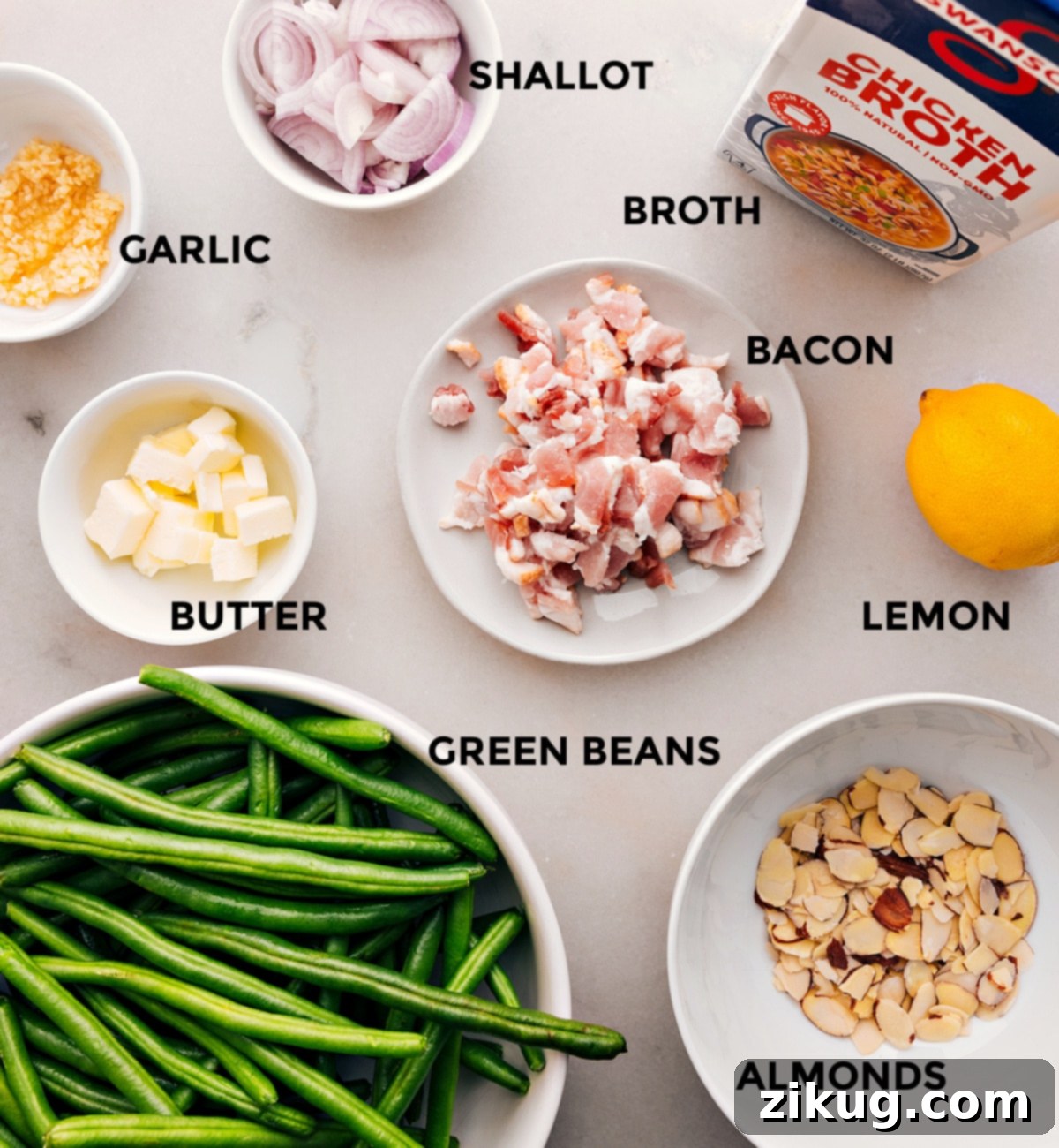 Ingredients Prepped For Green Beans With Bacon All the ingredients in this recipe—meat, veggies, butter, garlic, broth, lemon, and almonds—are prepped for easy assembly.