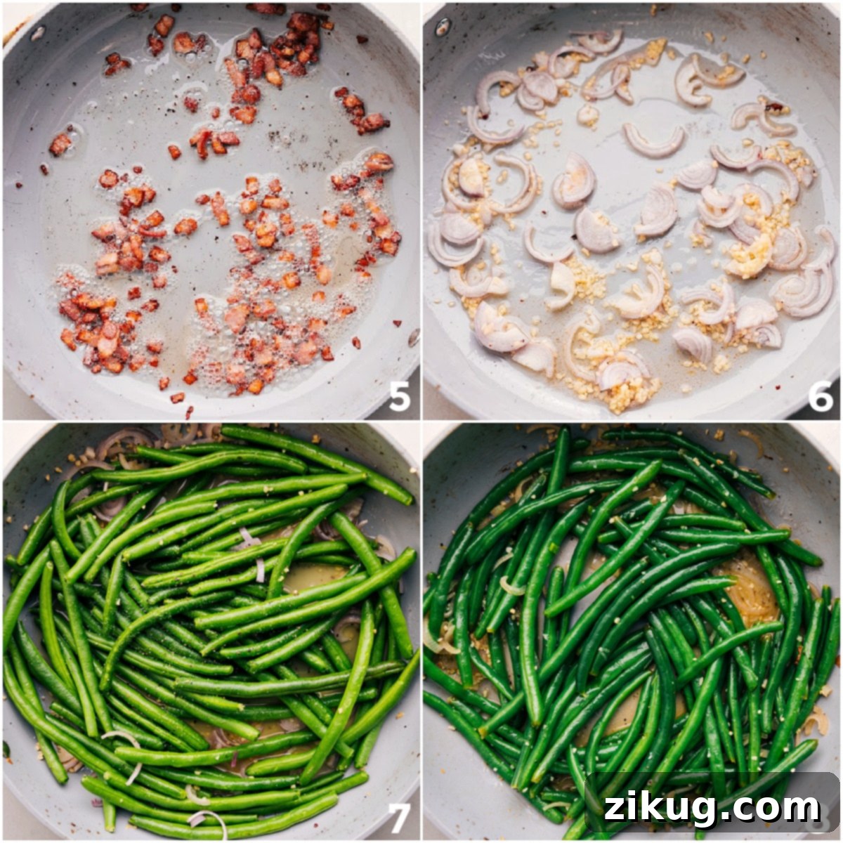 How To Make Green Beans With Bacon Cook the garlic and shallots, then add the beans and simmer with the broth until softened.
