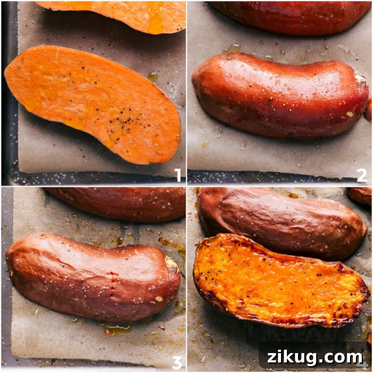 The sweet potatoes are roasted in the oven, cut in half and placed open side down, creating a caramelized, flavorful interior.