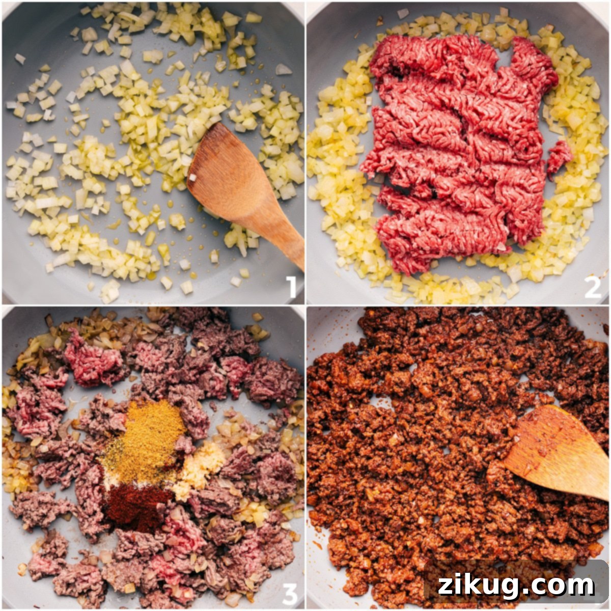 The onions are sautéed, followed by browning the ground beef and mixing in the seasonings.