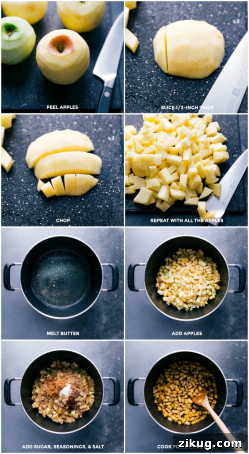 Peel apples, cut into small pieces; melt butter; add apples, sugar, seasonings and salt; cook to soften.