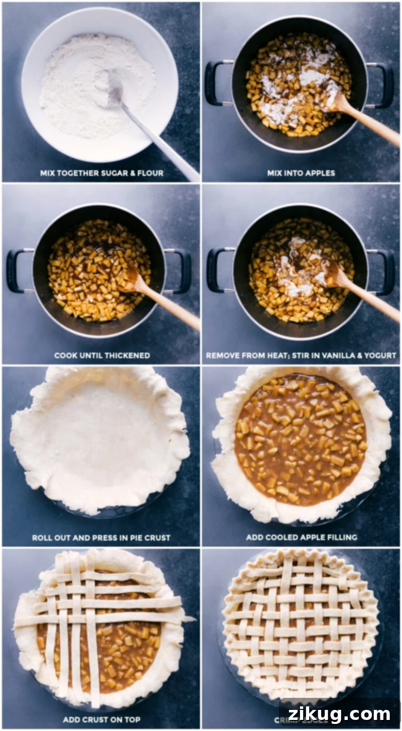 Combine the sugar and flour; mix into apples; cook to thicken; remove from heat and stir in vanilla and yogurt; roll out crust and fit into pan; add cooled apple filling; add crust to the top; crimp edges.