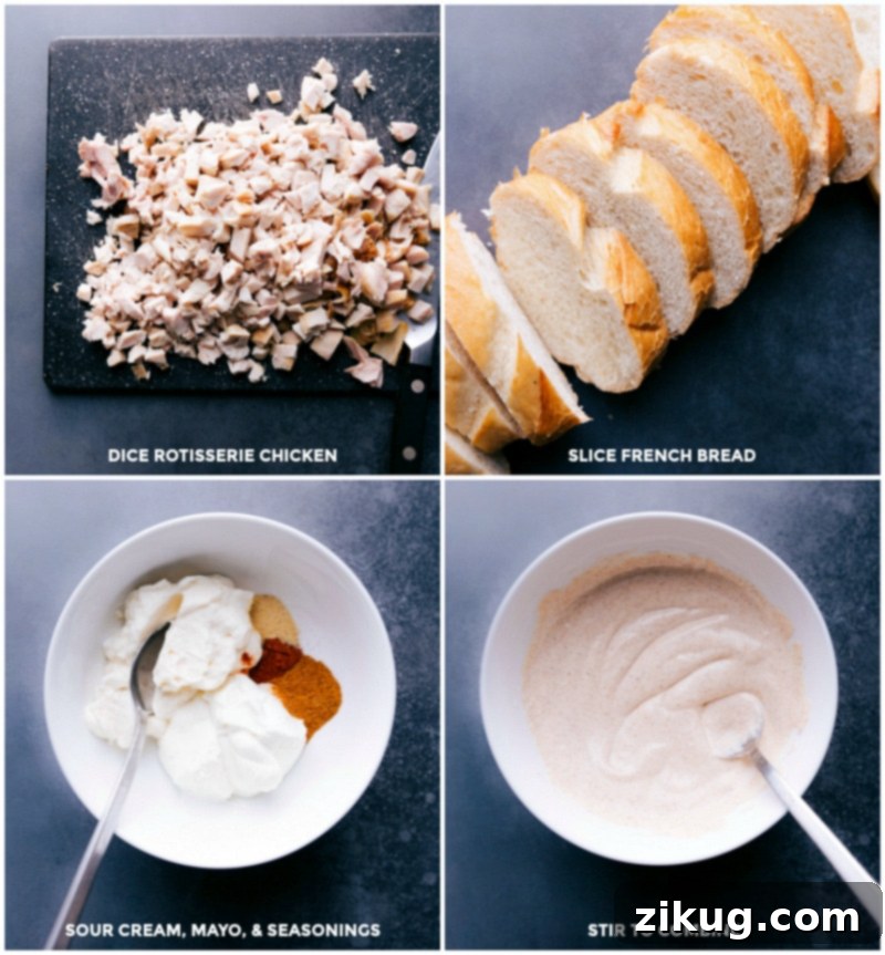 Prepping for Easy Cheesy Chicken Melts Preparation steps for Chicken Melts: chicken being diced, French bread sliced, and cream sauce mixed.