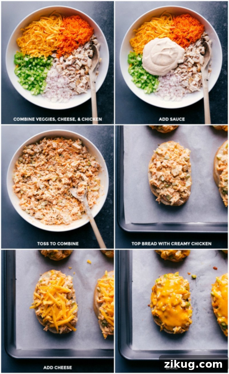 Thick slices of bread topped with a creamy chicken mixture Combining chicken, vegetables, cheese, and creamy sauce in a bowl, then layering it onto bread slices with more cheese.