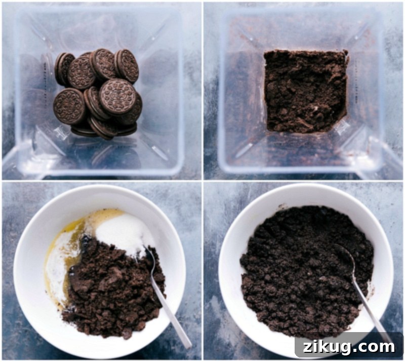 Oreos being blended into fine crumbs and combined with other ingredients to form a perfect pie crust.