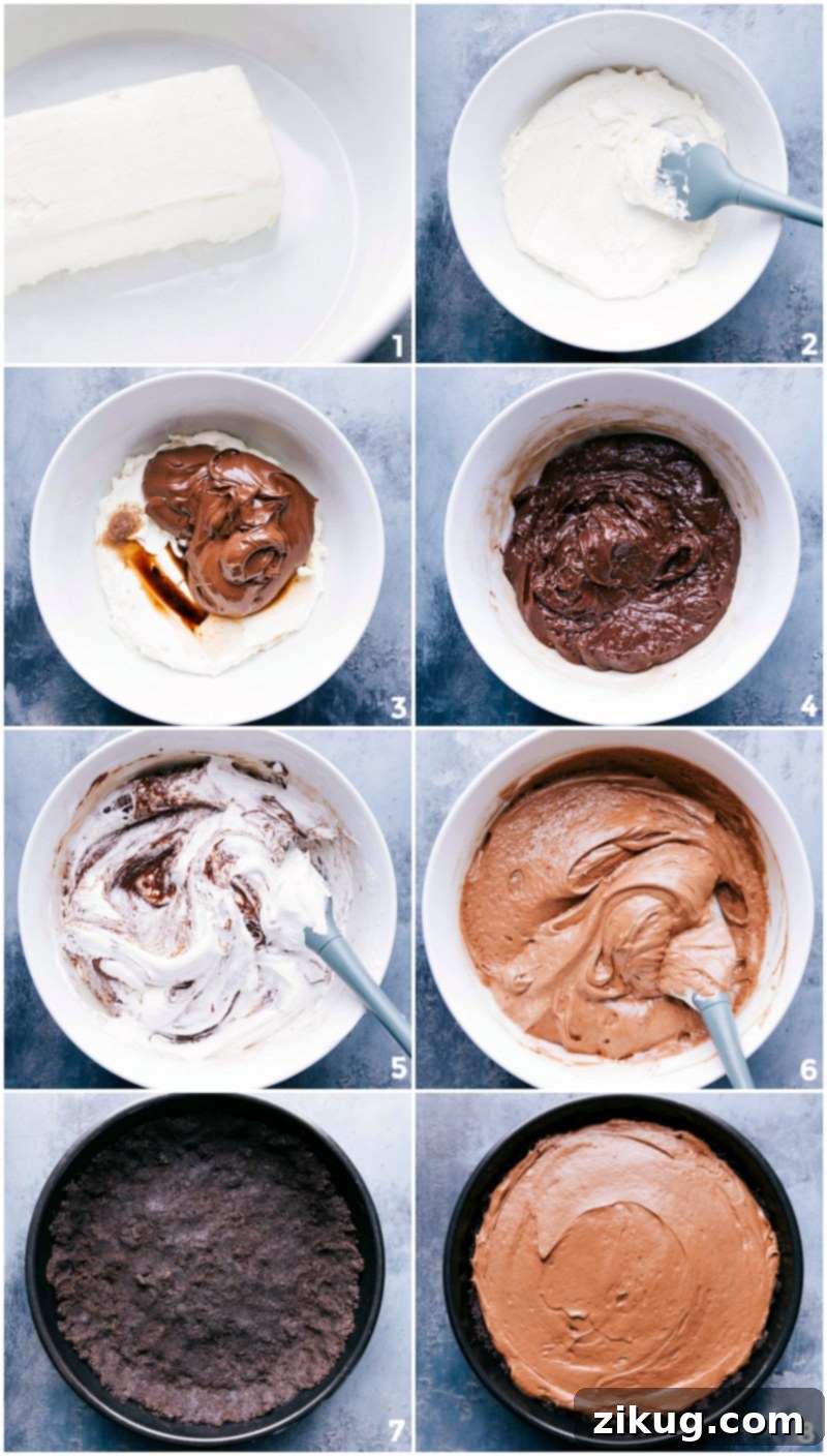 Stages of rich chocolate hazelnut filling preparation before it's decadently layered into the Oreo crust for the Nutella pie recipe.