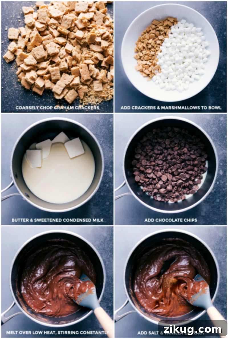 How to make Easy Stovetop S'mores Fudge: Step-by-step visuals for a perfect holiday treat featuring chocolate, marshmallows, and graham crackers. #fudge #smoresfudge #holiday #chocolate #marshmallows #easyfudge Process shots showing how to make S'mores Fudge: chopping graham crackers, adding mini marshmallows, melting butter and sweetened condensed milk, adding chocolate, melting over low heat, and finally mixing in salt and vanilla extract.