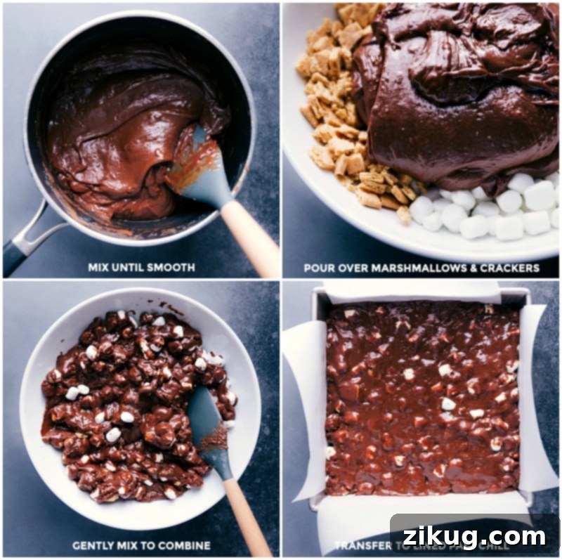 Making S'mores Fudge: Visual steps showing the combination of melted chocolate with marshmallows and graham crackers, followed by chilling to perfection. #fudge #smoresfudge #recipe #chocolate #marshmallows #easyfudge Process shots illustrating S'mores Fudge preparation: smooth chocolate mixture being poured over marshmallows and graham crackers, gentle mixing, and transferring to a pan for chilling.