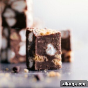 Campfire Smores Fudge 2 A close-up of S'mores Fudge, showing its rich chocolate, graham cracker, and marshmallow layers, ready to be served.