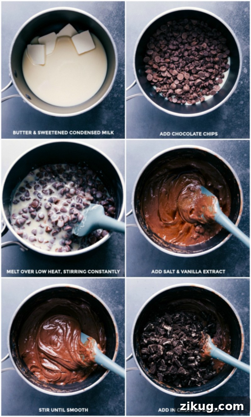 Decadent Oreo Chocolate Fudge 4 Process shots showing how to make the fudge: heating butter and condensed milk, adding chocolate, melting, stirring in salt and vanilla, and finally adding chopped cookies.