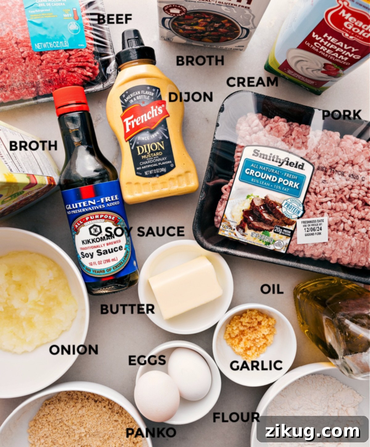 Essential Ingredients for Authentic Swedish Meatballs This recipe is prepped for easy assembly with ground pork, cream, Dijon mustard, soy sauce, butter, oil, grated onions, beef, panko breadcrumbs, eggs, flour, and beef and vegetable broth.