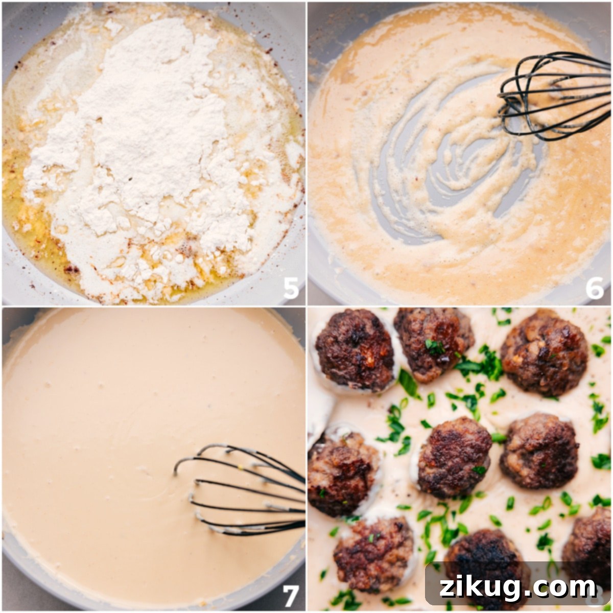 Making the Best Creamy Swedish Meatballs Gravy The creamy gravy being whisked to perfection, with browned meatballs added back into the skillet to simmer.