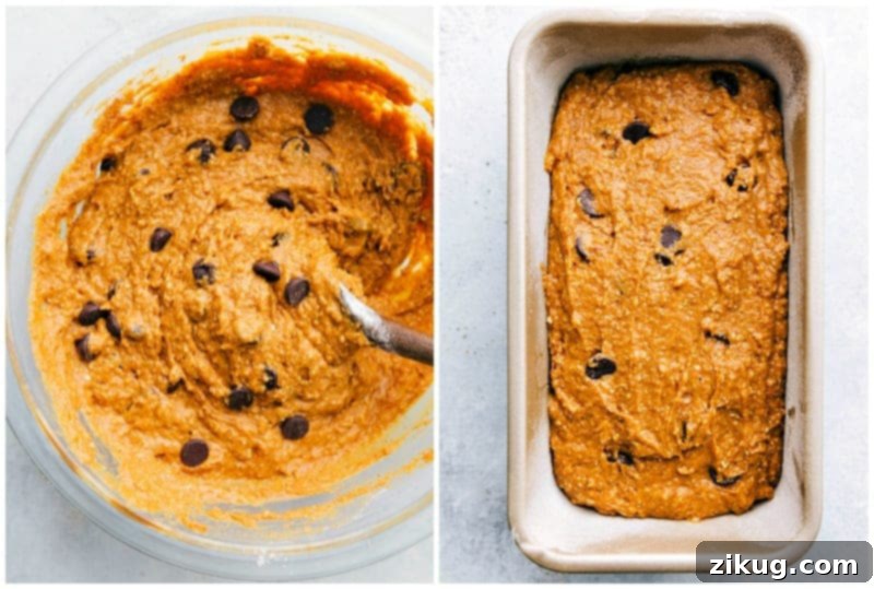 Preparing Pumpkin Bread Batter in Bowl and Pan Adding batter into a greased baking pan.