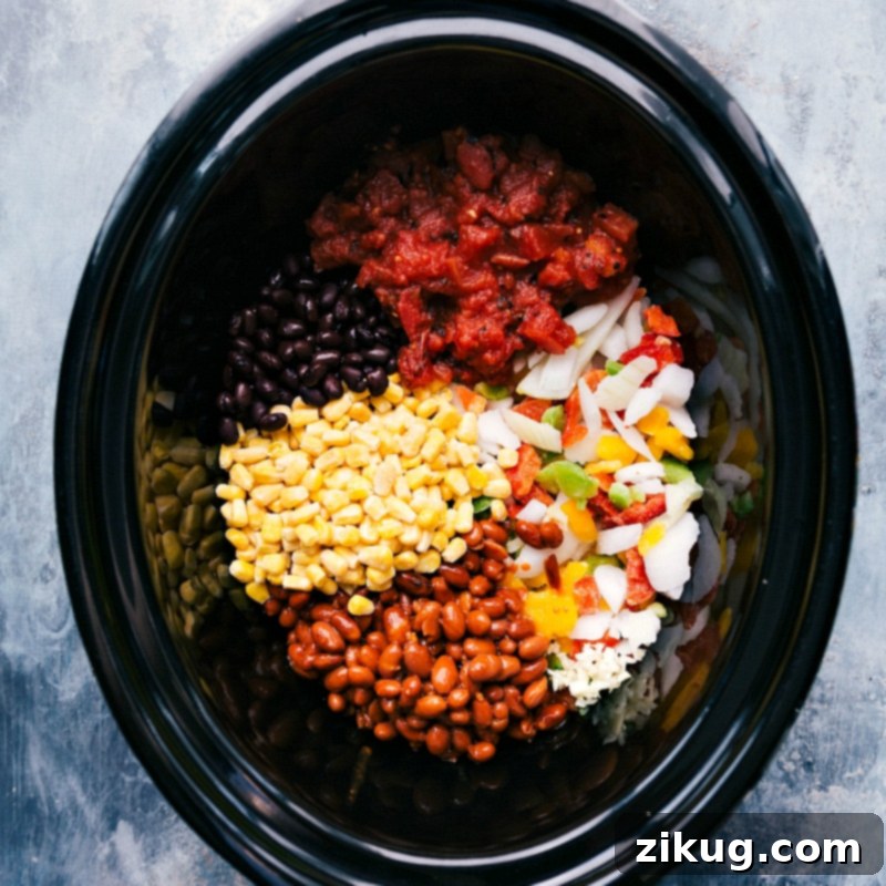 Crockpot Quinoa dish! Throw everything (uncooked) into a slow cooker and forget about it as the appliance works its magic! (Vegetarian recipe.) Recipe via ChelseasMessyApron #dinner #quick #easy #simple #best #healthy #avocado #cilantro #crockpot #quinoa Ingredients for Crockpot Quinoa laid out on a counter