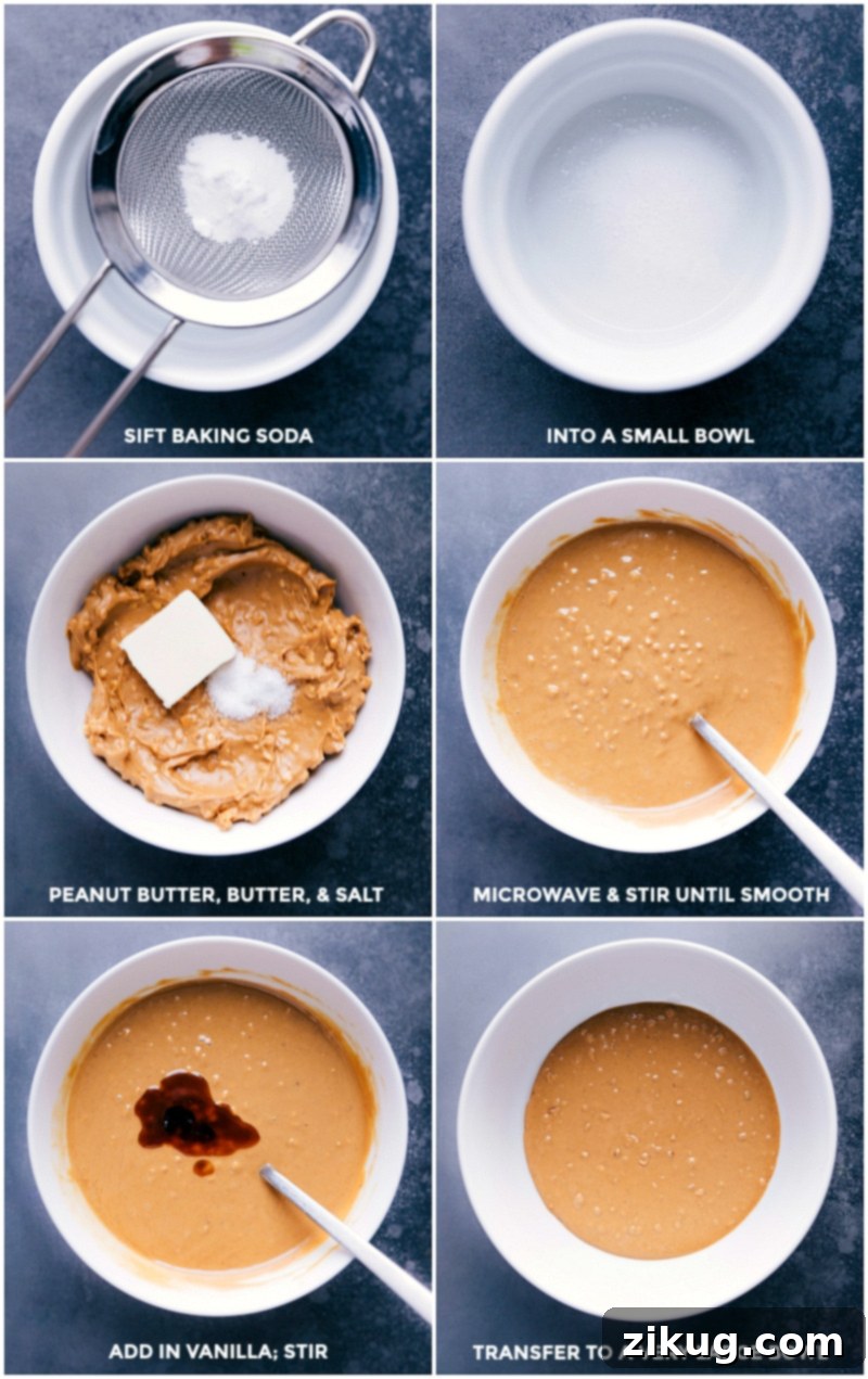 Process shots: sift soda and set aside; mix peanut butter, butter and salt' microwave and stir; add in vanilla; transfer to a large bowl.