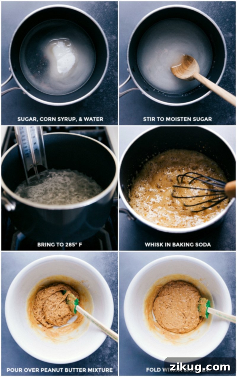 Process shots: Bring sugar, corn syrup and water to a boil; when temperature reaches 285 degrees, whisk in baking soda; pour over peanut butter mixture and fold in with a spatula.