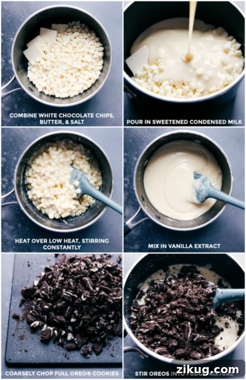Easy one-pan Oreo Fudge preparation Combining and melting the ingredients for Oreo Fudge; stirring in the chopped Oreos into the creamy mixture.