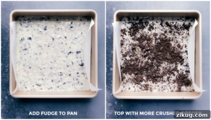 The Best Oreo Fudge Ready to Chill Oreo Fudge spread smoothly into a baking pan, topped with additional crushed Oreos before chilling.